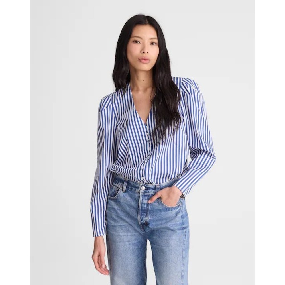 Madewell French Blue White Stacked-Button V-Neck Shirt in Poplin NZ420 XL NEW